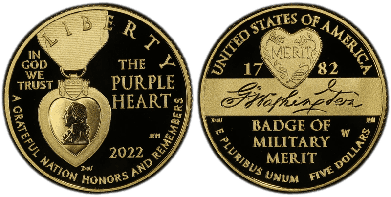 2022 (W) Proof National Purple Heart Hall of Honor Commemorative Five Dollar Gold