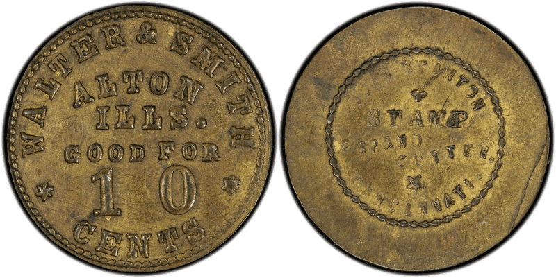 (No Date) Brass Civil War Store Card F-10A-1b, Walter & Smith IL