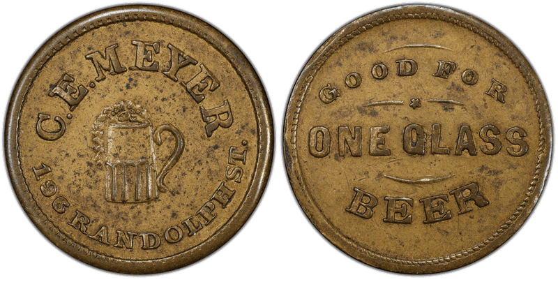(No Date) Brass Civil War Store Card F-150AM-1b, C.E. Meyer IL