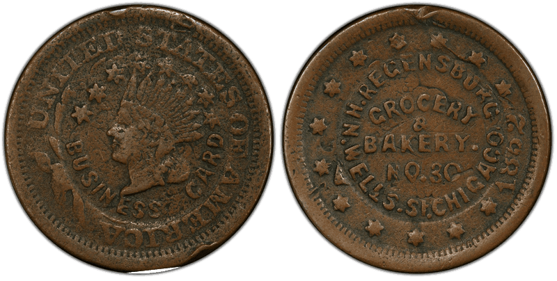 (No Date) Copper Civil War Store Card F-150AX-1ao, H. Regensburg-Stk on 1852 1C IL Cent IL