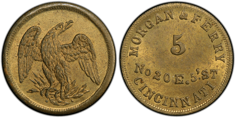 (No Date) Brass Civil War Store Card F-165DW-5b, Morgan & Ferry OH