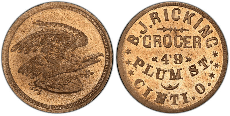 (No Date) Copper-Nickel Civil War Store Card F-165EW-7d, B.J. Ricking OH