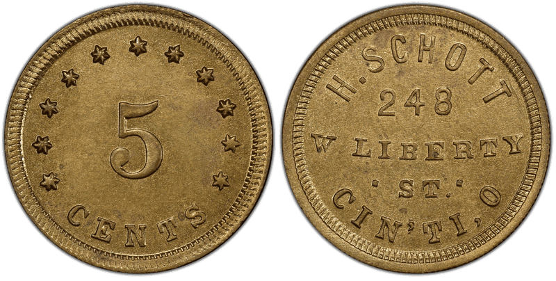 (No Date) Brass Civil War Store Card F-165FJ-1b, H. Schott OH
