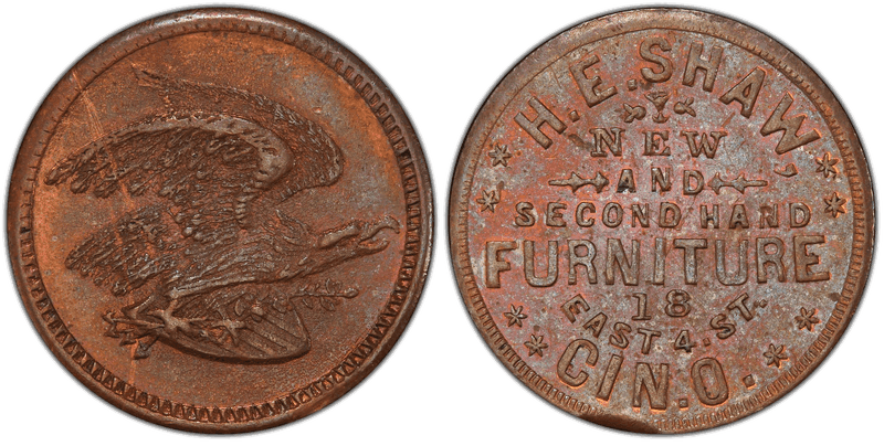 (No Date) Copper Civil War Store Card F-165FO-2a, H.E. Shaw OH