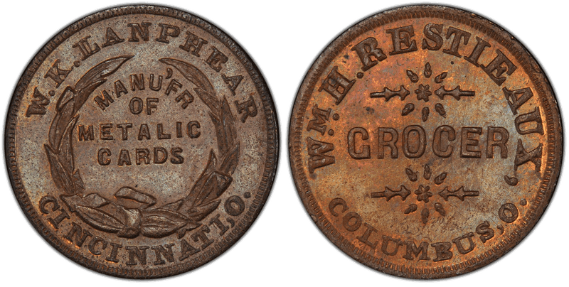 (No Date) Copper Civil War Store Card F-200F-4a, Wm. H. Restieaux OH