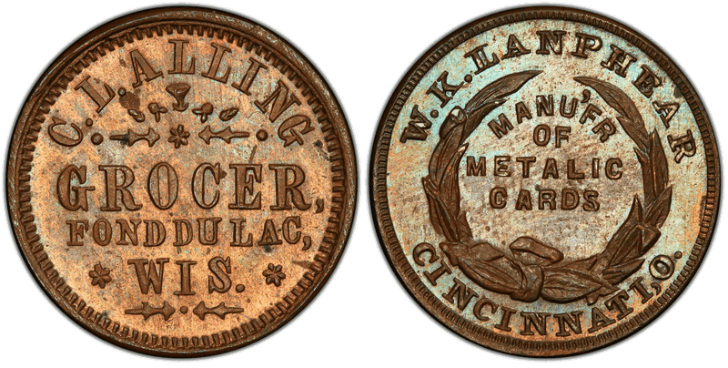 (No Date) Copper Civil War Store Card F-220A-3a, C.L. Alling-W.K. Lanphear WI