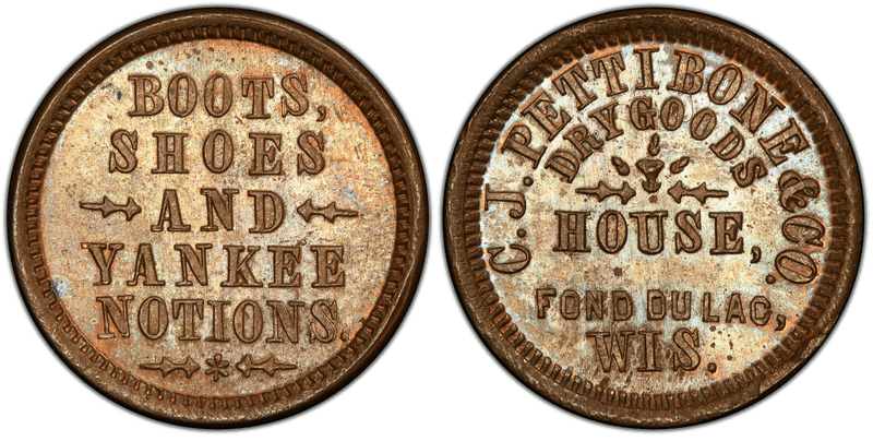 (No Date) Copper Civil War Store Card F-220K-1a, C.J. Pettibone & Co. WI
