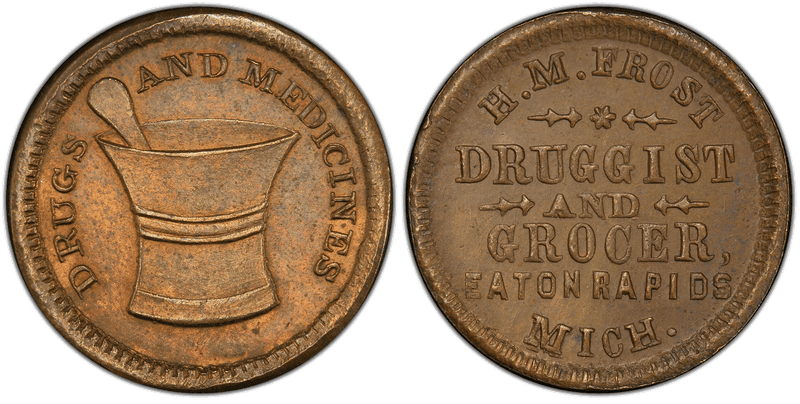 (No Date) Brass Civil War Store Card F-300B-1b, H.M. Frost MI
