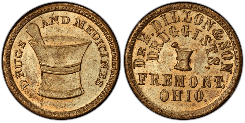 (No Date) Brass Civil War Store Card F-330B-1b, Dr. E. Dillon & Son OH