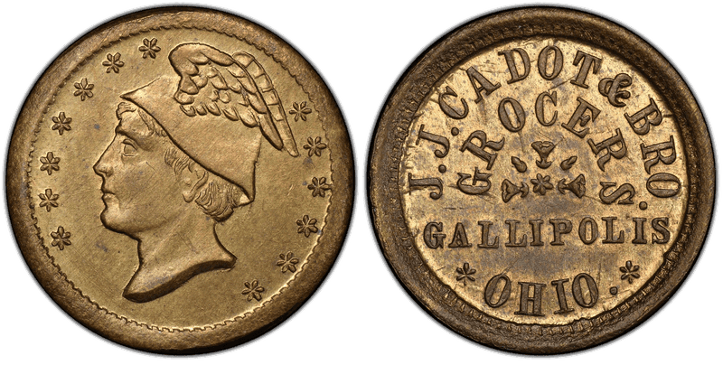 (No Date) Brass Civil War Store Card F-345B-1b, J.J. Cadot & Bro. OH