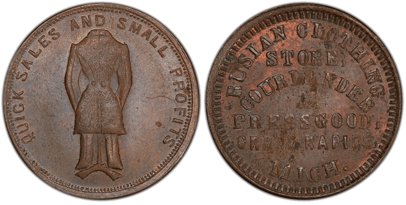 (No Date) Copper Civil War Store Card F-370B-1a, Rusian Clothing Store MI