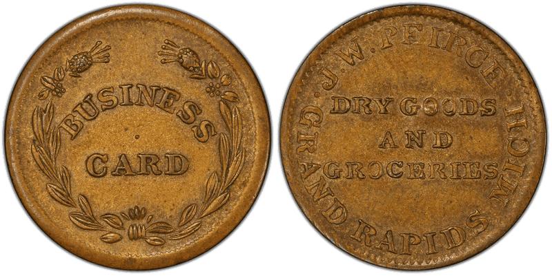 (No Date) Brass Civil War Store Card F-370H-4b, J.W. Peirce MI