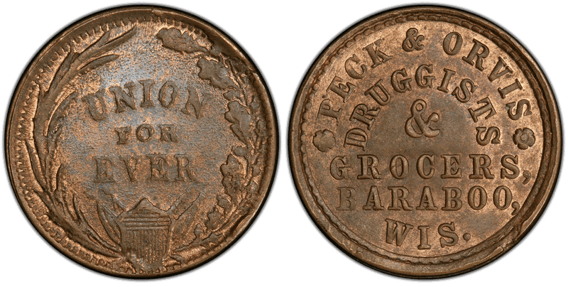 (No Date) Copper-Nickel Civil War Store Card F-45A-5d, Peck & Orvis WI