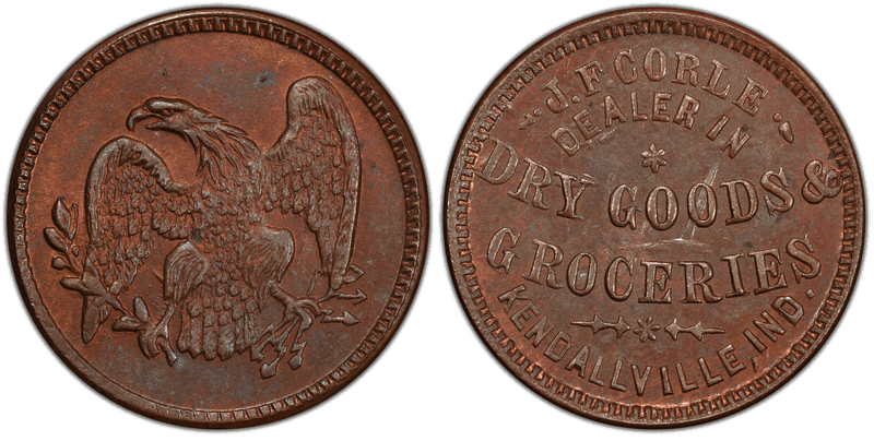 (No Date) Copper Civil War Store Card F-500E-2a, J.F. Corle IN