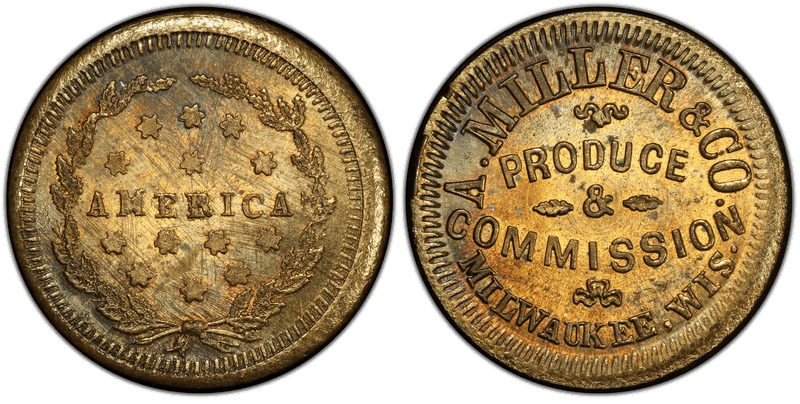 (No Date) Brass Civil War Store Card F-510AA-5b, A. Miller & Co. WI