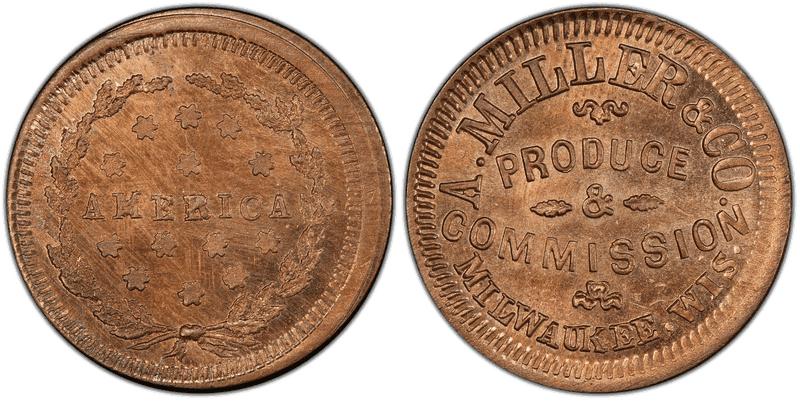(No Date) Copper-Nickel Civil War Store Card F-510AA-5d, A. Miller & Co. WI