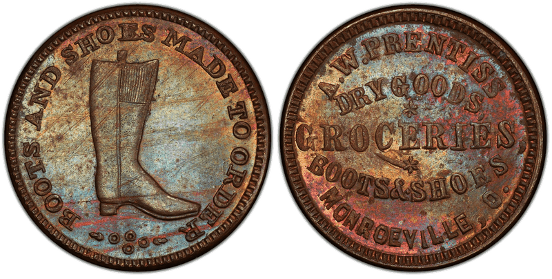 (No Date) Copper Civil War Store Card F-560B-3a, A.W. Prentiss OH