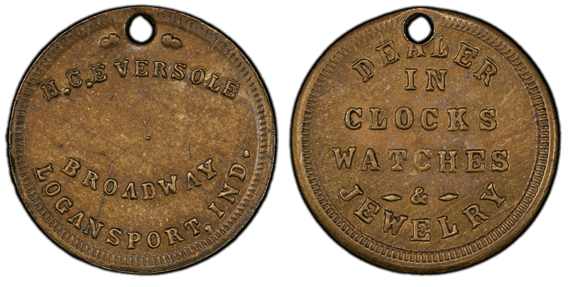 (No Date) Brass Civil War Store Card F-570B-1b, Holed H.C. Eversole IN