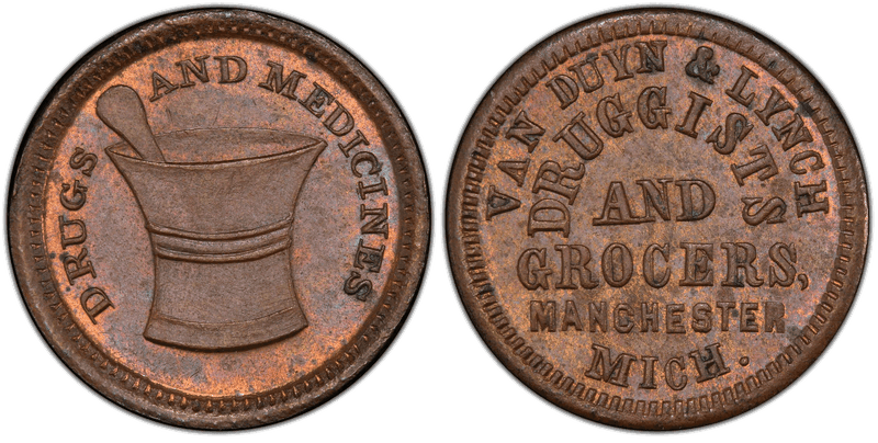 (No Date) Brass Civil War Store Card F-588A-1b, Van Duyn & Lynch MI