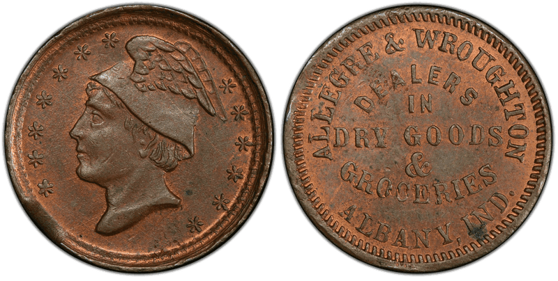 (No Date) Copper Civil War Store Card F-5A-1a, Allegre & Wroughton IN