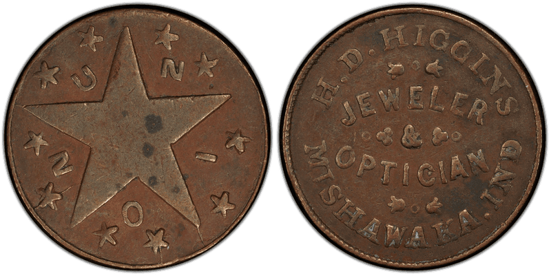 (No Date) Copper Civil War Store Card F-630A-12a, H.D. Higgins IN