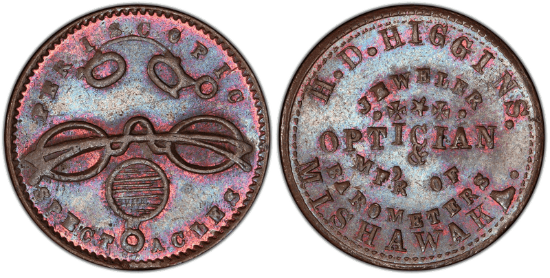(No Date) Copper Civil War Store Card F-630A-5a, H.D. Higgins IN