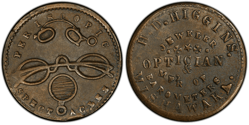(No Date) Brass Civil War Store Card F-630A-5b, H.D. Higgins IN