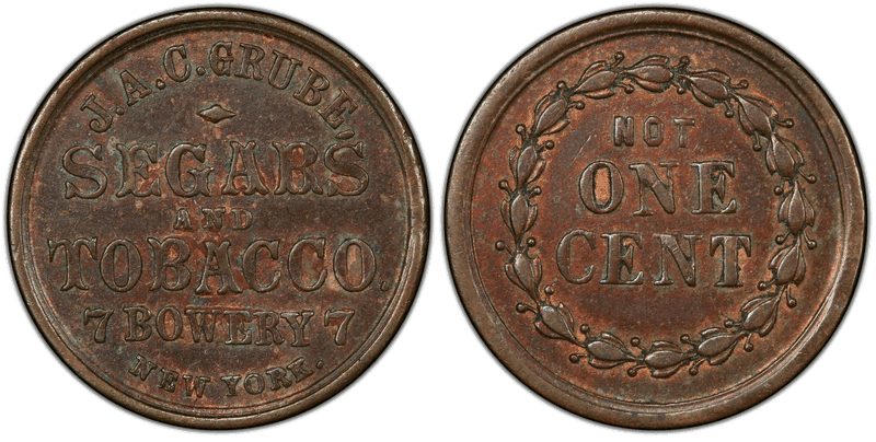 (No Date) Copper Civil War Store Card F-630AF-4a, J.A.C. Grube NY