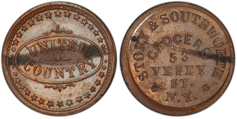 (No Date) Copper Civil War Store Card F-630BV-29a, Story & Southworth NY