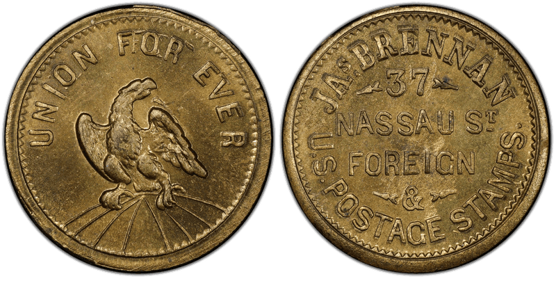 (No Date) Brass Civil War Store Card F-630I-2b, Jas. Brennan NY