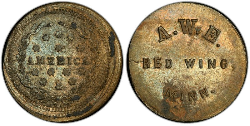 (No Date) Brass Civil War Store Card F-680A-2b, A.W.E. Red Wing MN