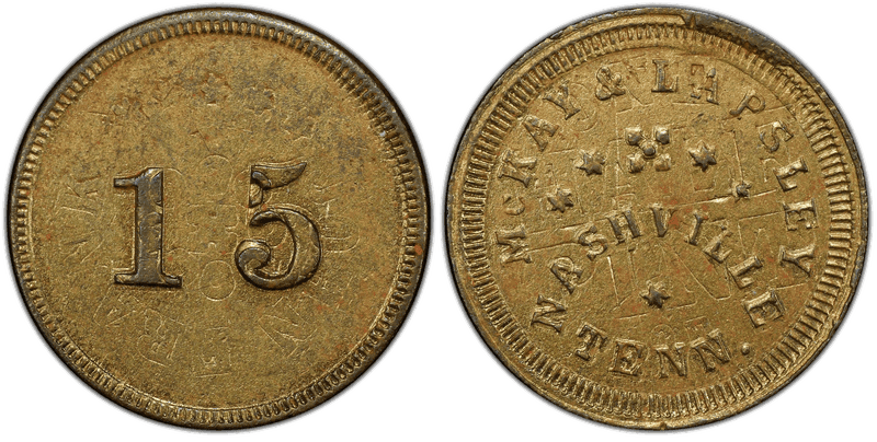 (No Date) Brass Civil War Store Card F-690D-5bo, McKay & Lapsley, Overstk on OH Token TN
