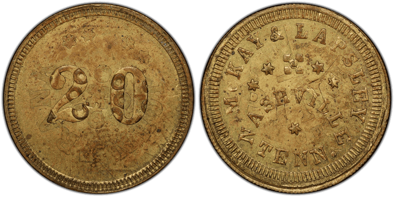 (No Date) Brass Civil War Store Card F-690D-6bo, McKay & Lapsley, Overstk on CWT TN
