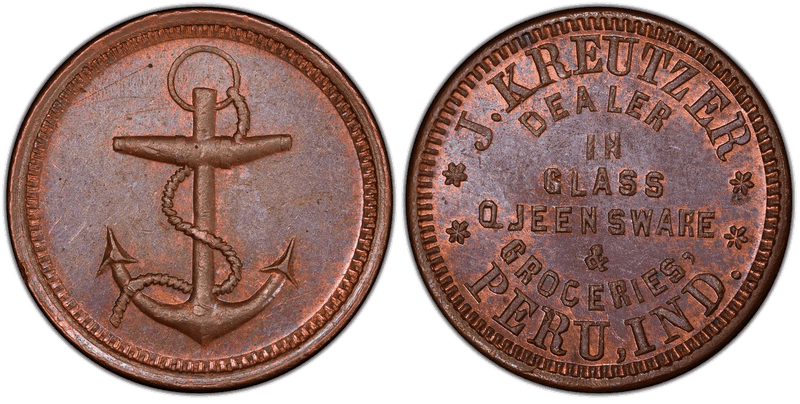 (No Date) Copper Civil War Store Card F-740A-1a, J. Kreutzer IN