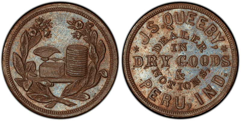 (No Date) Copper Civil War Store Card F-740B-4a, J.S. Queeby IN