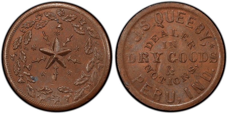 (No Date) Copper Civil War Store Card F-740B-6a, J.S. Queeby IN