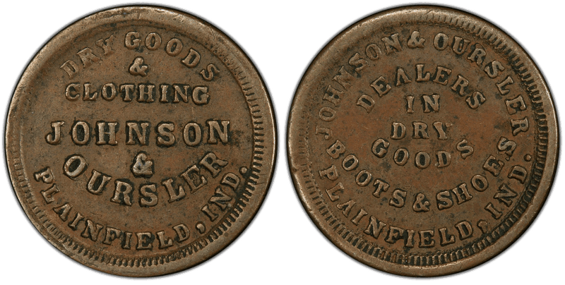 (No Date) Copper Civil War Store Card F-770A-3a, Johnson & Oursler IN