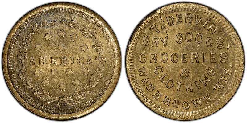 (No Date) Brass Civil War Store Card F-920D-4b, T. Dervin WI