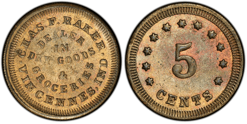 No Date Token F-930A-3b Brass RE Chas. F. Raker IN