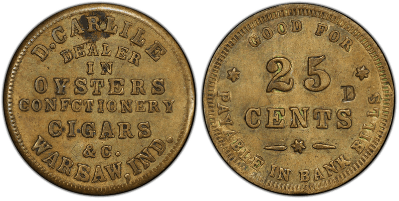(No Date) Brass Civil War Store Card F-950A-4b, D. Carlile IN