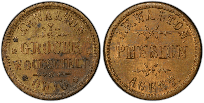 (No Date) Brass Civil War Store Card F-960A-1b, J.W. Walton OH