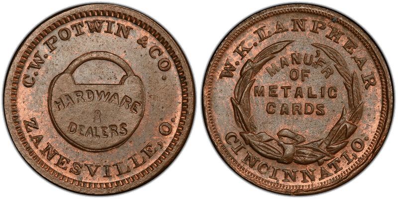 (No Date) Copper Civil War Store Card F-995J-2a, C.W. Potwin & Co. OH