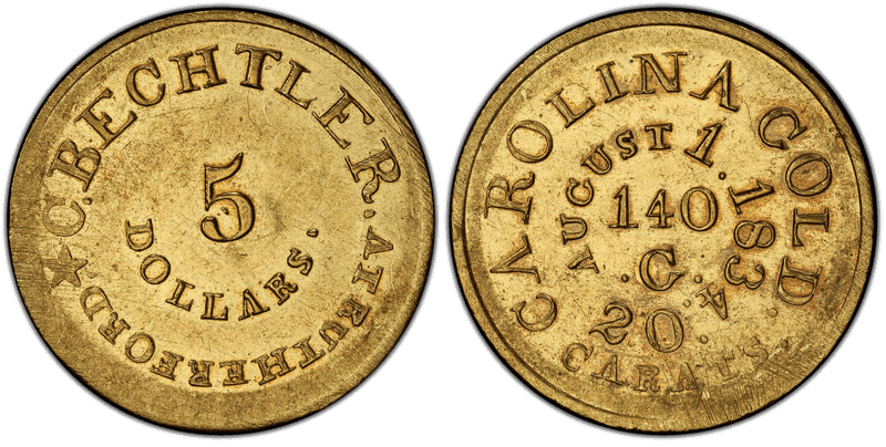 1834 C. Bechtler Five Dollar Gold Piece - 140 Grains, 20 Carats, Rutherford, Plain Edge