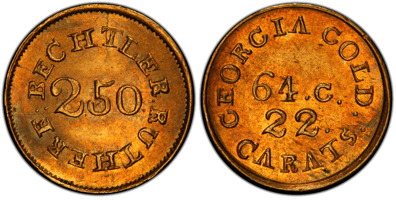 1837 C. Bechtler Two and a Half Dollar Gold Piece - 64 Grains, Even 22 Carats