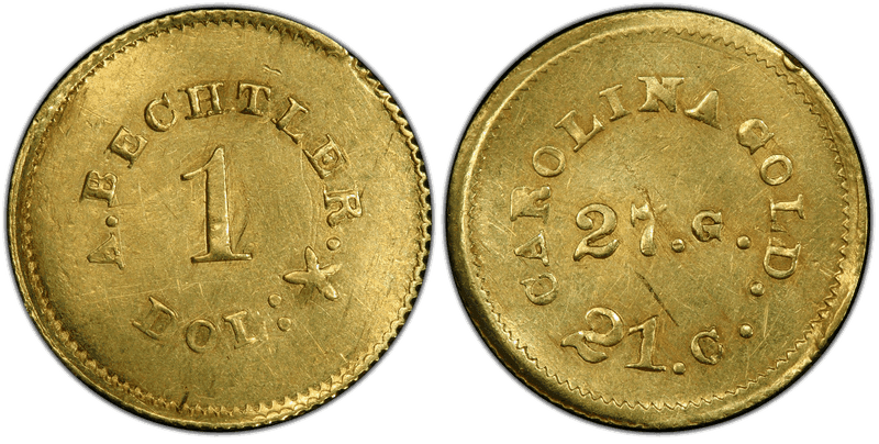 1842 A. Bechtler One Dollar Gold Piece - 27 Grains, 21 Carats, Reeded Edge