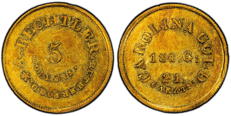 1842 A. Bechtler Five Dollar Gold Piece - 134 Grains, 21 Carats