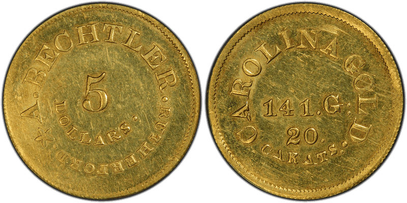 1842 A. Bechtler Five Dollar Gold Piece - 141 Grains, 20 Carats