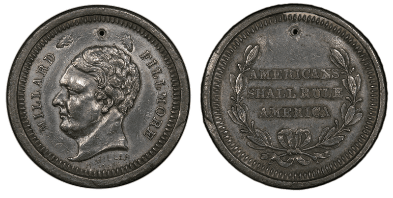 (1856) Medal DeWitt MF-1856-6 Holed, White Metal Millard Fillmore Campaign