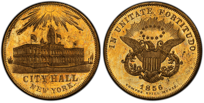 1856 Token Compos. Spiel-Munze Brass City Hall New York Gaming Gold Double Eagle
