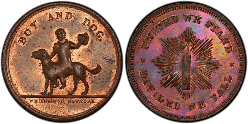(1858) Token Miller-NY-495F Copper RE Boy and Dog NY